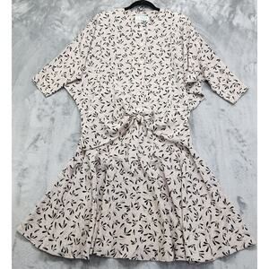 Vintage 80s Skirt Set Size M Beige Black Silky Jacquard Tie Front Oversized